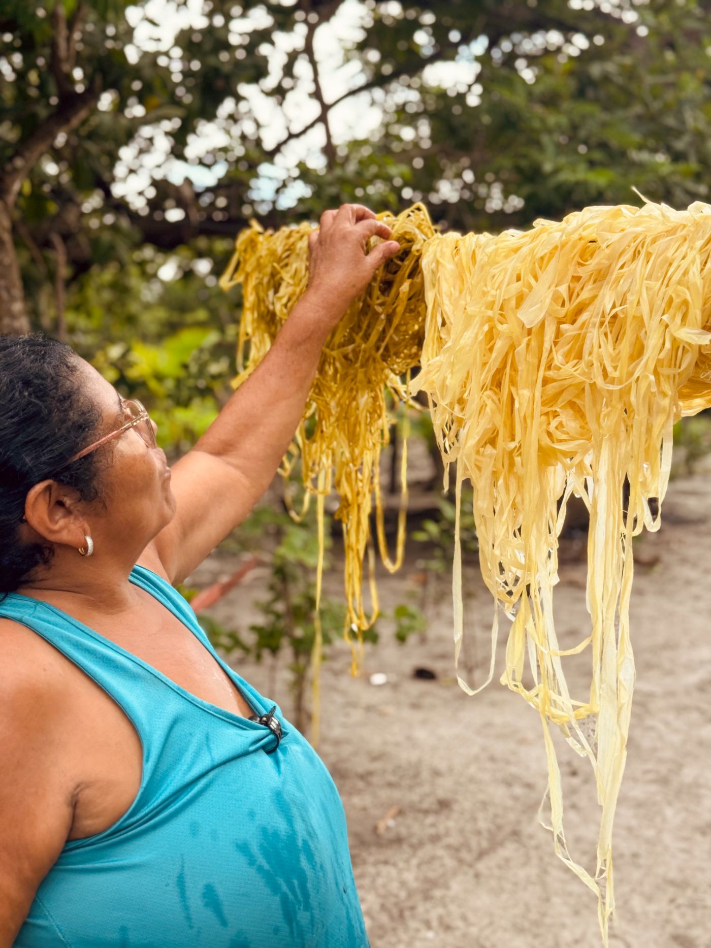 Drying dyed fibers in the sun